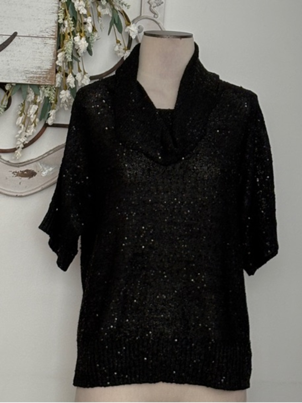 Black Short-Sleeve Sequin Cowl Neck Top size large